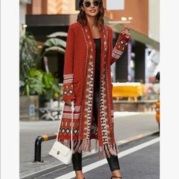 NEW Bohemian Tribal Fringe Cardigan With Pockets - Picture 1 of 8